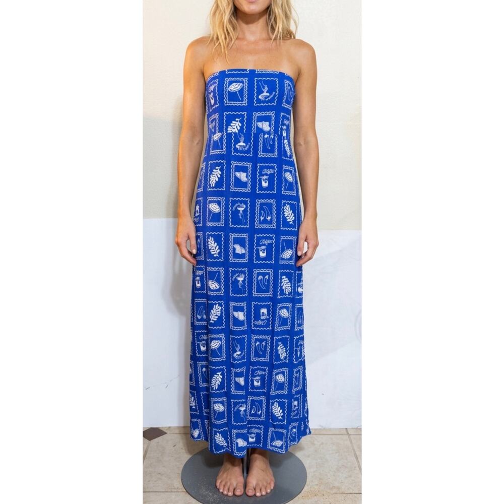 Paper Heart Maxi Dress Strapless Blue Linen Blend White Stamp Print size Medium